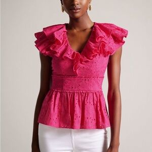 Ted Baker London Mazieh Ruffled Eyelet Peplum Top Pink NWT